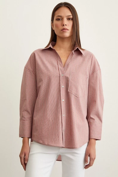 Çizgili Oversize Gömlek Gül Kurusu - Resim 2