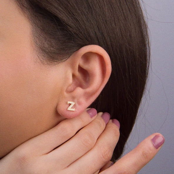 14 Ayar Altın Taşlı Z Harf Küpe 0,56 gr - Resim 2