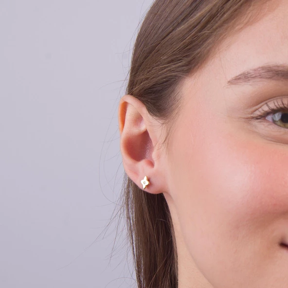 14 Ayar Altın Tek Taş Yonca Küpe 0,80 gr - 5