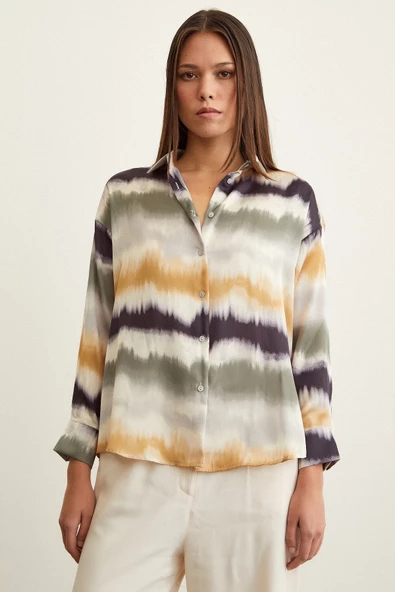 Sulu Boya Desenli Gömlek Haki - Resim 3