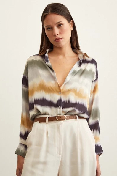 Sulu Boya Desenli Gömlek Haki - Resim 2