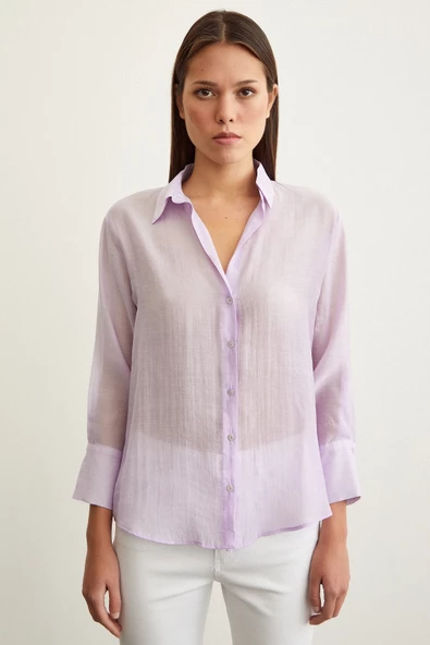 V Yaka Robalı Gömlek Lila - Resim 2