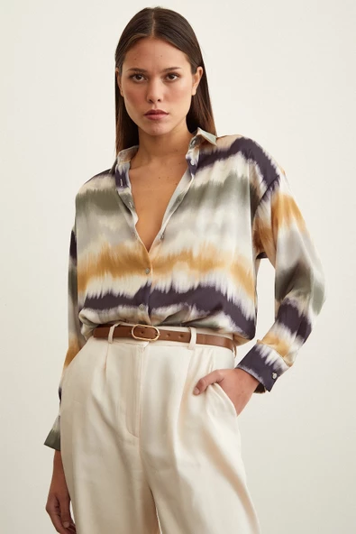 Sulu Boya Desenli Gömlek Haki - Resim 6