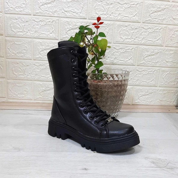 Grijak Siyah Cilt Fermuarlı Bağacaklı Bayan Postal Bot - 7