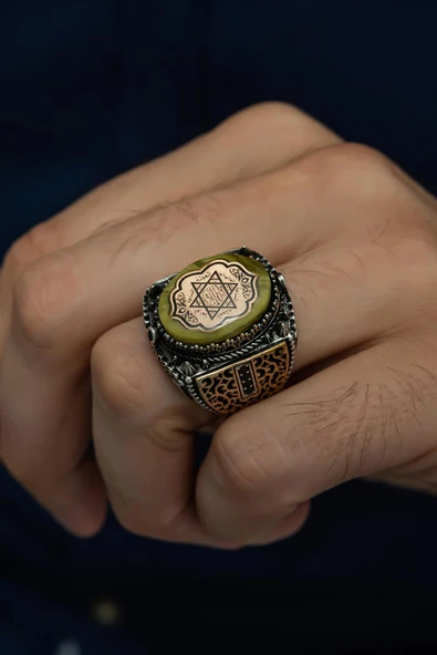 Süleyman Mührü İşleme Sarı Taşlı 925 Gümüş Erkek Yüzük