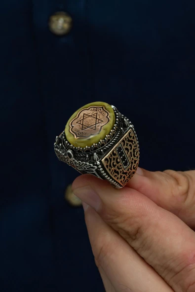 Süleyman Mührü İşleme Sarı Taşlı 925 Gümüş Erkek Yüzük - 5