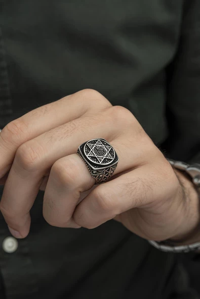 Süleyman Mührü Desenli Mikro Taşlı 925 Gümüş Erkek Yüzük - Resim 4