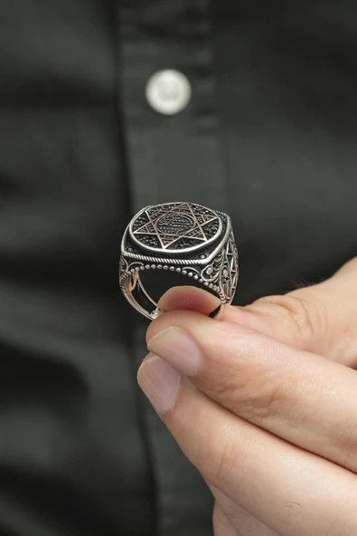 Süleyman Mührü Desenli Mikro Taşlı 925 Gümüş Erkek Yüzük - Resim 7