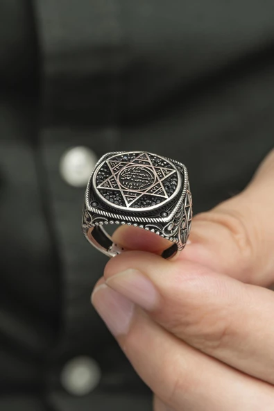 Süleyman Mührü Desenli Mikro Taşlı 925 Gümüş Erkek Yüzük - Resim 9