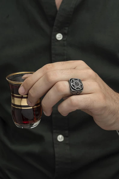 Süleyman Mührü Desenli Mikro Taşlı 925 Gümüş Erkek Yüzük - Resim 2