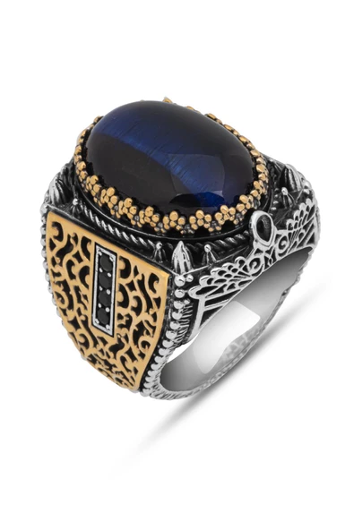 Mavi Kaplan Gözü Taşlı  925 Gümüş Erkek Yüzük - Resim 2