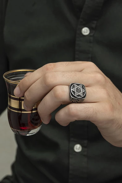 Süleyman Mührü Desenli Mikro Taşlı 925 Gümüş Erkek Yüzük - Resim 3