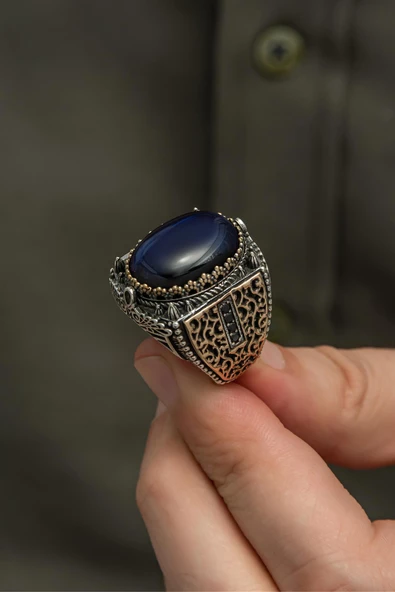 Mavi Kaplan Gözü Taşlı  925 Gümüş Erkek Yüzük - Resim 8