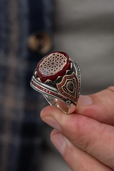 Kırmızı Taşlı Desenli 925 Gümüş Erkek Yüzük - Resim 4