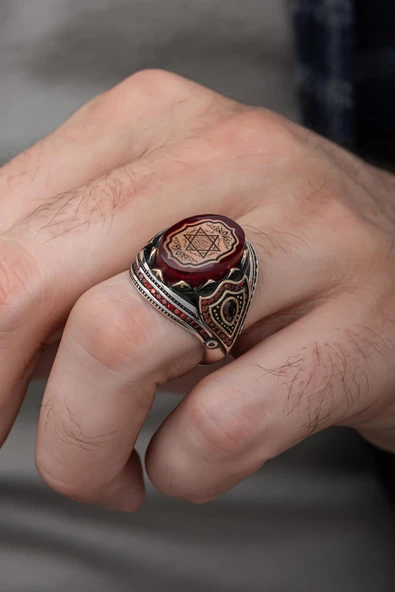 Kırmızı Taşlı Süleyman Mührü 925 Gümüş Erkek Yüzük - Resim 8