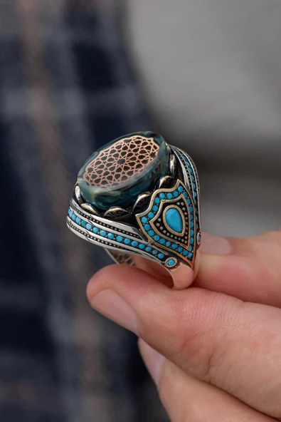 Mavi Taşlı Desenli 925 Gümüş Erkek Yüzük - Resim 6