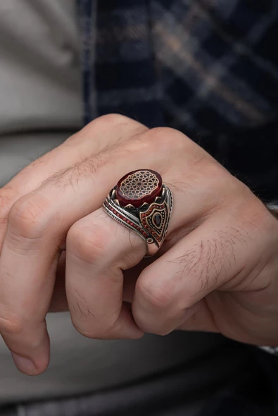 Kırmızı Taşlı Desenli 925 Gümüş Erkek Yüzük - Resim 8