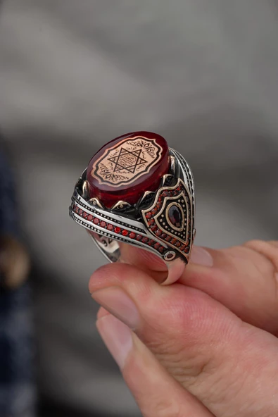 Kırmızı Taşlı Süleyman Mührü 925 Gümüş Erkek Yüzük - Resim 3