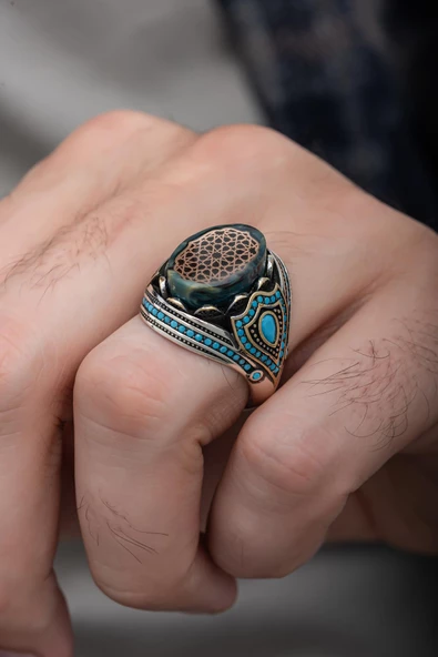 Mavi Taşlı Desenli 925 Gümüş Erkek Yüzük - Resim 8