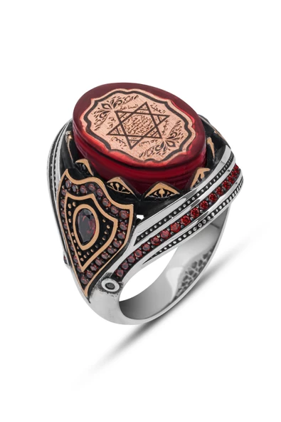 Kırmızı Taşlı Süleyman Mührü 925 Gümüş Erkek Yüzük - Resim 2