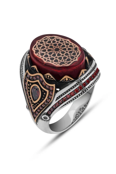 Kırmızı Taşlı Desenli 925 Gümüş Erkek Yüzük - Resim 2