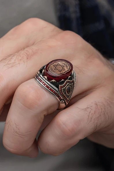 Kırmızı Taşlı Süleyman Mührü 925 Gümüş Erkek Yüzük - Resim 6