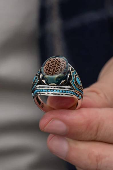 Mavi Taşlı Desenli 925 Gümüş Erkek Yüzük - Resim 5