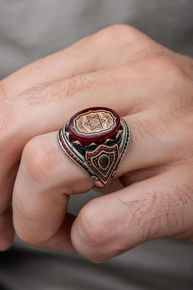 Kırmızı Taşlı Süleyman Mührü 925 Gümüş Erkek Yüzük ürün görseli