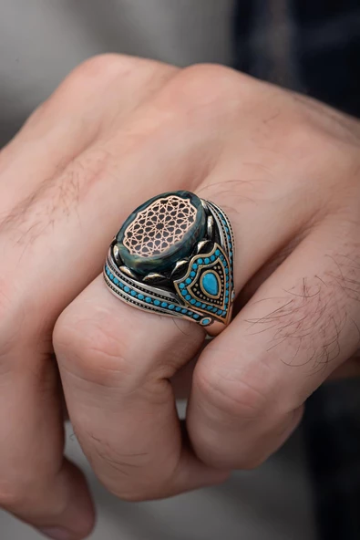 Mavi Taşlı Desenli 925 Gümüş Erkek Yüzük ürün görseli