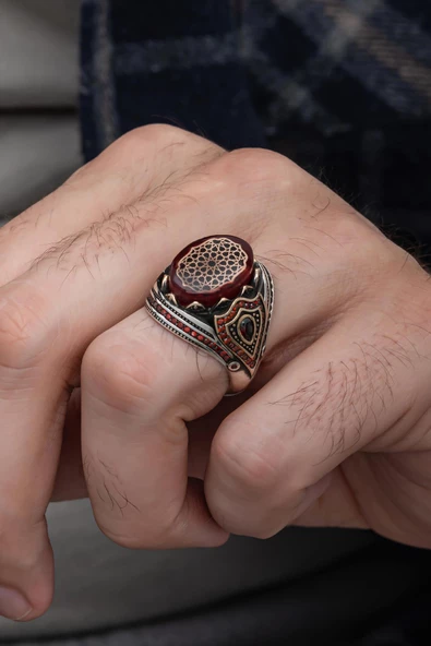 Kırmızı Taşlı Desenli 925 Gümüş Erkek Yüzük - Resim 5