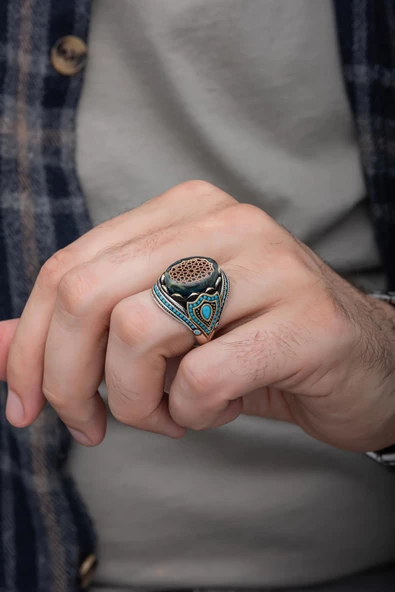 Mavi Taşlı Desenli 925 Gümüş Erkek Yüzük - Resim 7