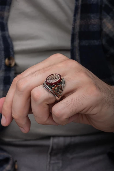 Kırmızı Taşlı Desenli 925 Gümüş Erkek Yüzük - Resim 7