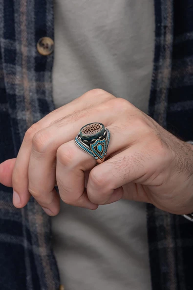 Mavi Taşlı Desenli 925 Gümüş Erkek Yüzük - Resim 3