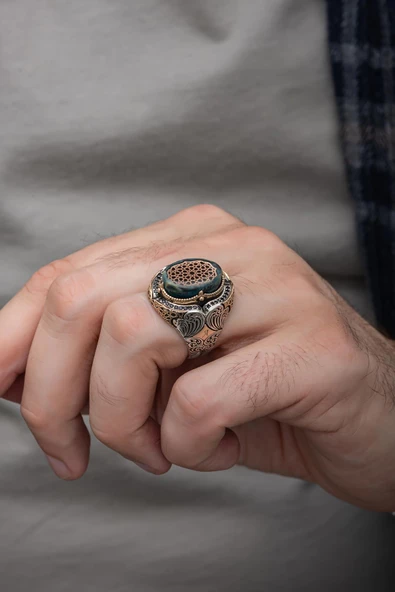 Mavi Taşlı Desenli 925 Gümüş Erkek Yüzük - 4