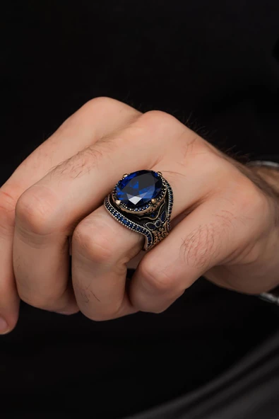 Parlament Mavisi Taşlı 925 Gümüş Erkek Yüzük - Resim 4