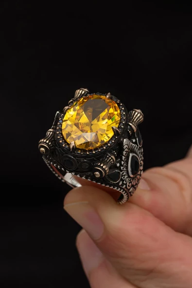 Sarı Sitrin Taşlı 925 Gümüş Erkek Yüzük - Resim 5
