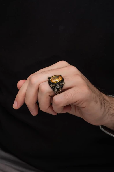 Sarı Sitrin Taşlı 925 Gümüş Erkek Yüzük - Resim 4