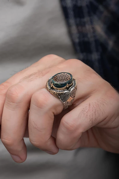 Mavi Taşlı Desenli 925 Gümüş Erkek Yüzük - 3