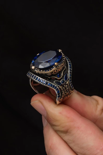 Parlament Mavisi Taşlı 925 Gümüş Erkek Yüzük - Resim 6