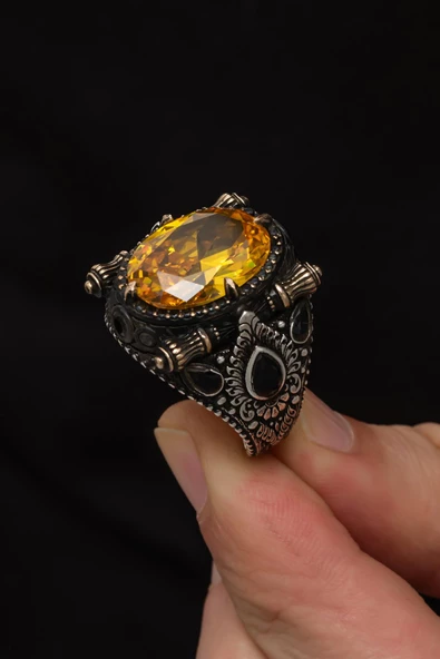 Sarı Sitrin Taşlı 925 Gümüş Erkek Yüzük - Resim 6