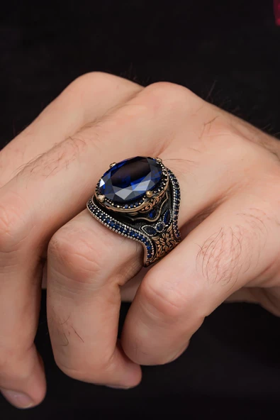 Parlament Mavisi Taşlı 925 Gümüş Erkek Yüzük ürün görseli