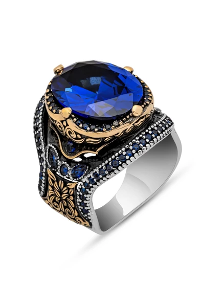 Parlament Mavisi Taşlı 925 Gümüş Erkek Yüzük - Resim 2