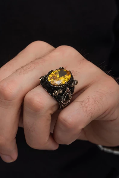 Sarı Sitrin Taşlı 925 Gümüş Erkek Yüzük - Resim 8