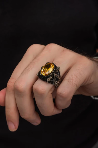 Sarı Sitrin Taşlı 925 Gümüş Erkek Yüzük - Resim 3