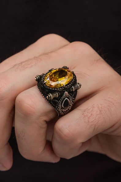 Sarı Sitrin Taşlı 925 Gümüş Erkek Yüzük ürün görseli