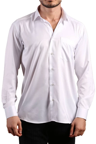 Beyaz Rahat Kesim Micro Kumaş Kol Düğmeli Regular Fit Erkek Gömlek - 190-1 - Resim 2
