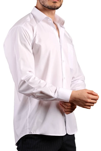 Beyaz Büyük Beden Rahat Kesim Cepli Uzun Kol Regular Fit Erkek Gömlek  - 150-1 - 3