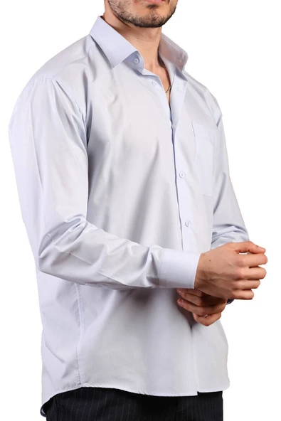 Açık Mavi Büyük Beden Rahat Kesim Cepli Uzun Kol Regular Fit Erkek Gömlek  - 150-3 - 3