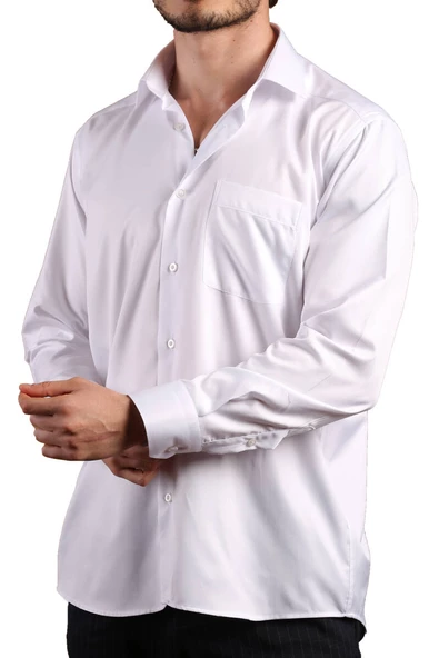 Beyaz Rahat Kesim Micro Kumaş Kol Düğmeli Regular Fit Erkek Gömlek - 190-1 - Resim 3