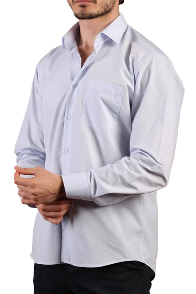 Açık Mavi Büyük Beden Rahat Kesim Cepli Uzun Kol Regular Fit Erkek Gömlek  - 150-3 - 2